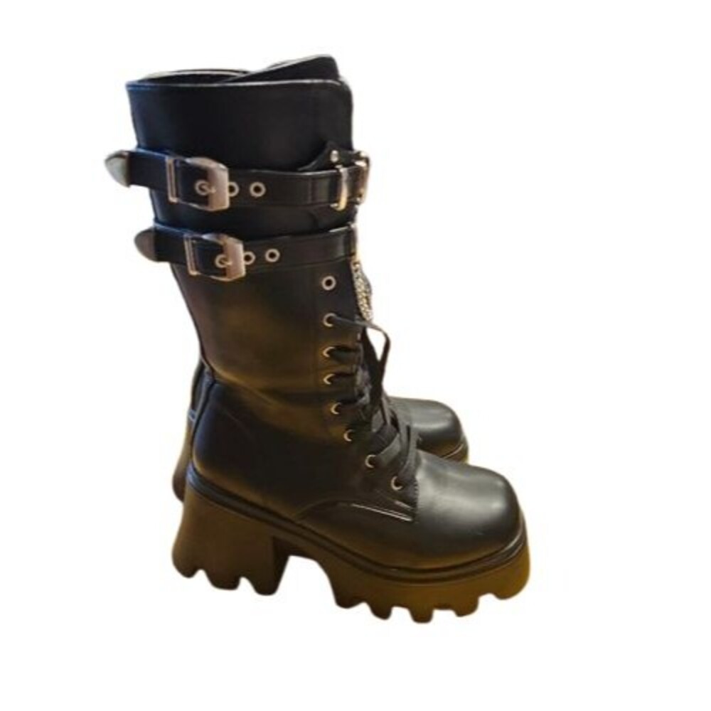 T6 Gothic Outdoor Women's Platform Mid Calf Boot Belt Shoes Motorcycle Punk